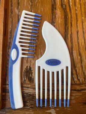 Vintage Goody Hair Pick & Comb Set White W/ Blue Tips Curved Handle 80s 90s